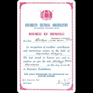 Nrithya kalaBhushana The Aryabhatta Cultural Organization honoured him with the title Nrityakalabhushana for his service in the field of Bharathanatyam (1996)